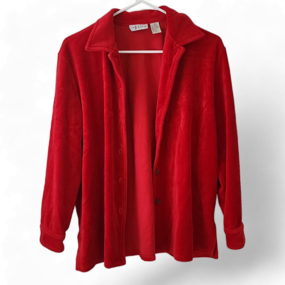 Vintage 90s Shirt The Tog Shop Womens Medium Velour Petite Red Stretch Button